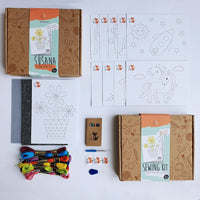 Learn to sew craft kit for kids with 10 cardboard sewing cards. Includes also colorful threads, big eye needle, crayons and more accesories.